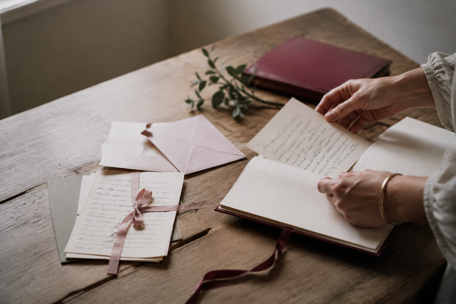 Hands arranging a handwritten letter in a keepsake book on a warm wooden table